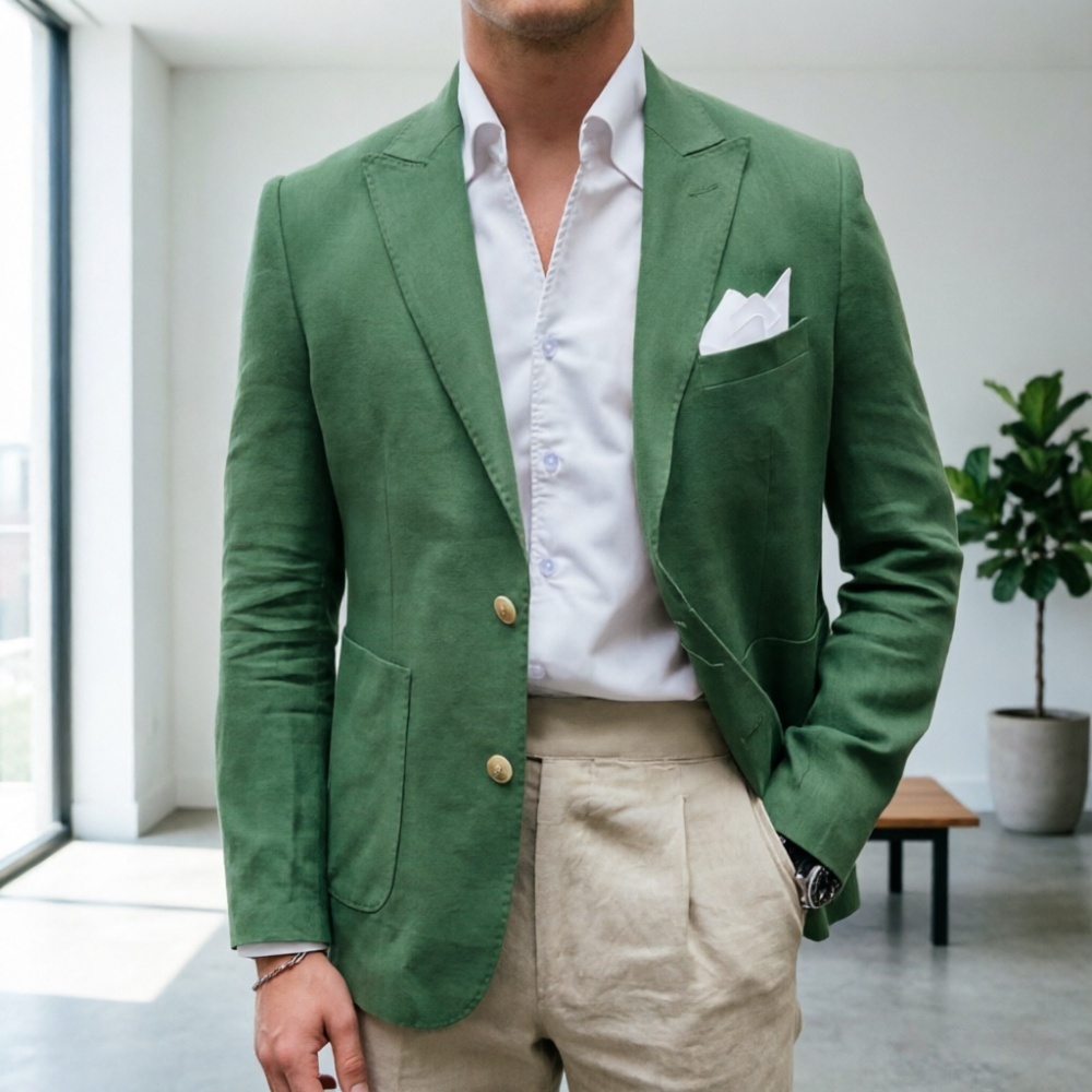 Men'S Semi Formal Office Wear - Lniany garnitur męski w kolorze szałwii,